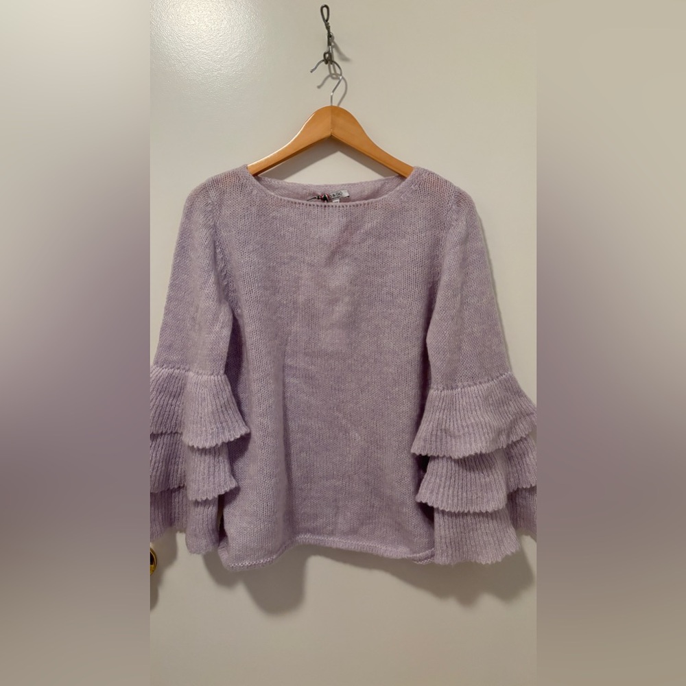 Italian purple lavender sweater boat neck bell sleeves ruffles